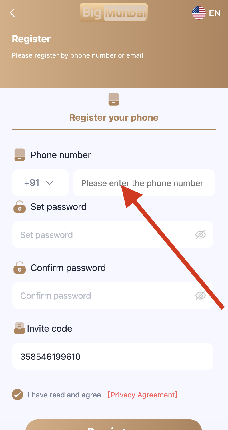 Enter the phone number to register